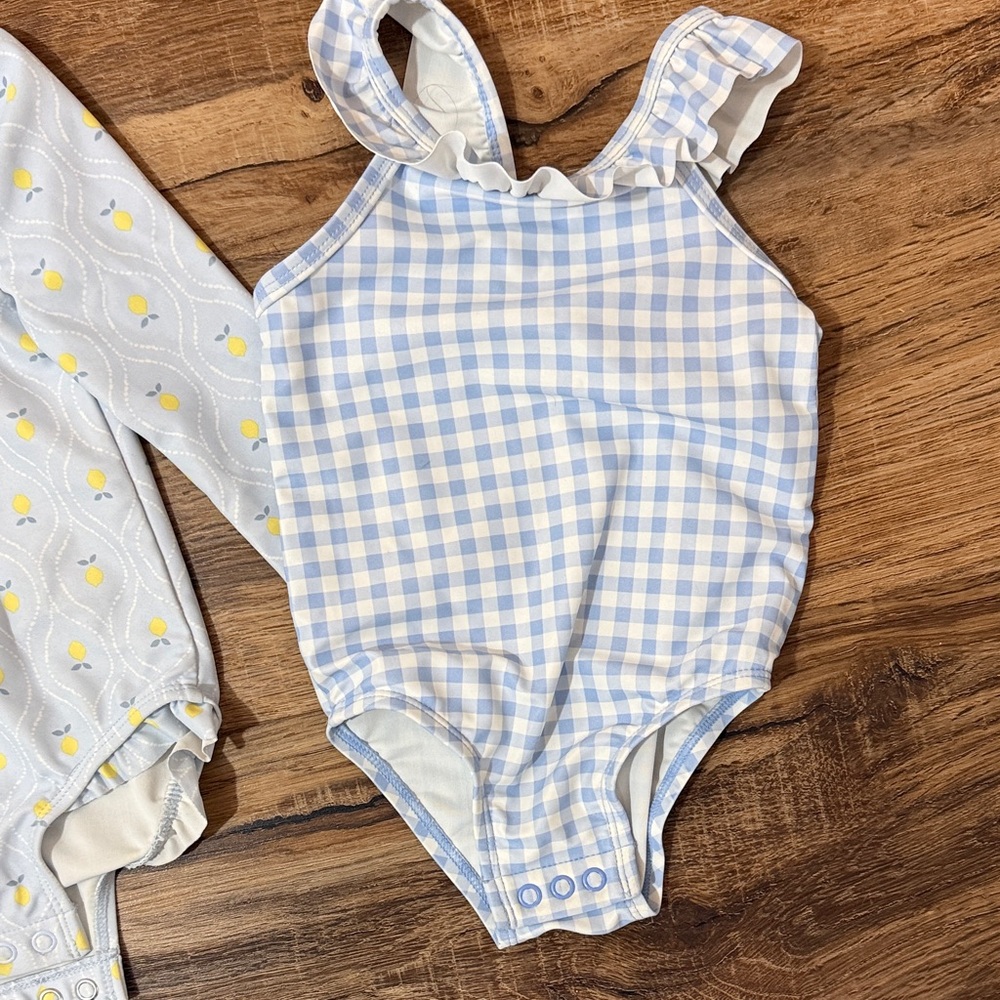 Set of 2 Carter's Baby Girls Bathing suits - blue gingham and blue lemon print - Picture 5 of 8
